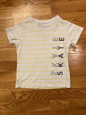 Mayoral White Tee with Yellow Stripes and Navy Vertical Logo Text